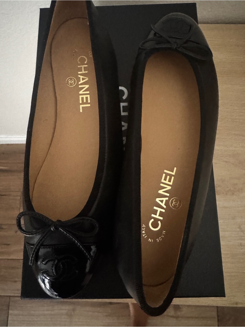 CHANEL Black Patent-Toe Ballet Flats with Bow
